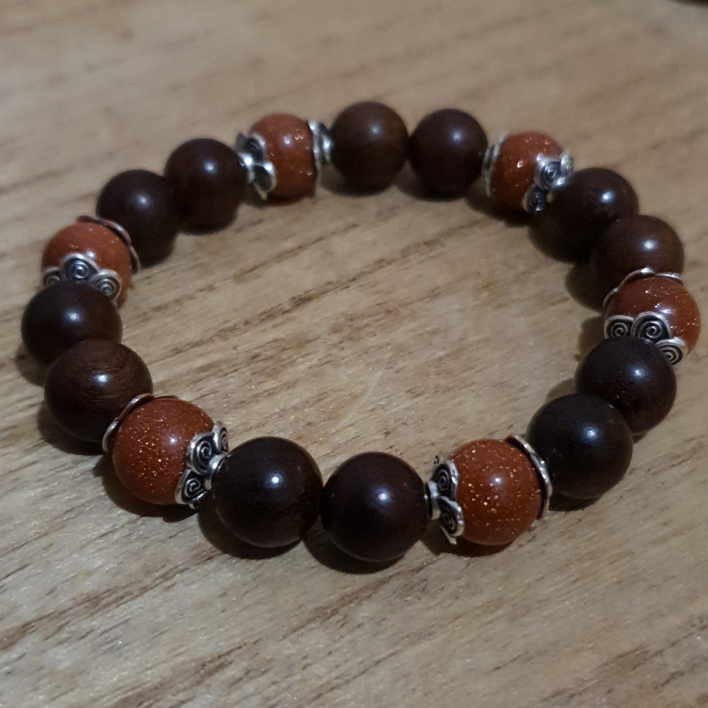 Golden Sandstone and Wood Handmade Stretch Bracelet.