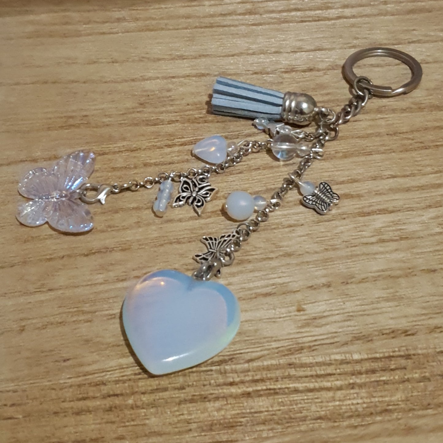 Opalite Heart and Iridescent Butterfly Handmade Keychain.