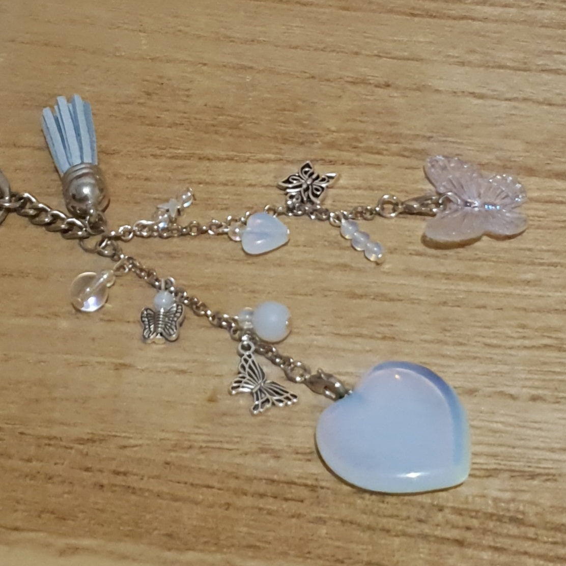 Opalite Heart and Iridescent Butterfly Handmade Keychain.