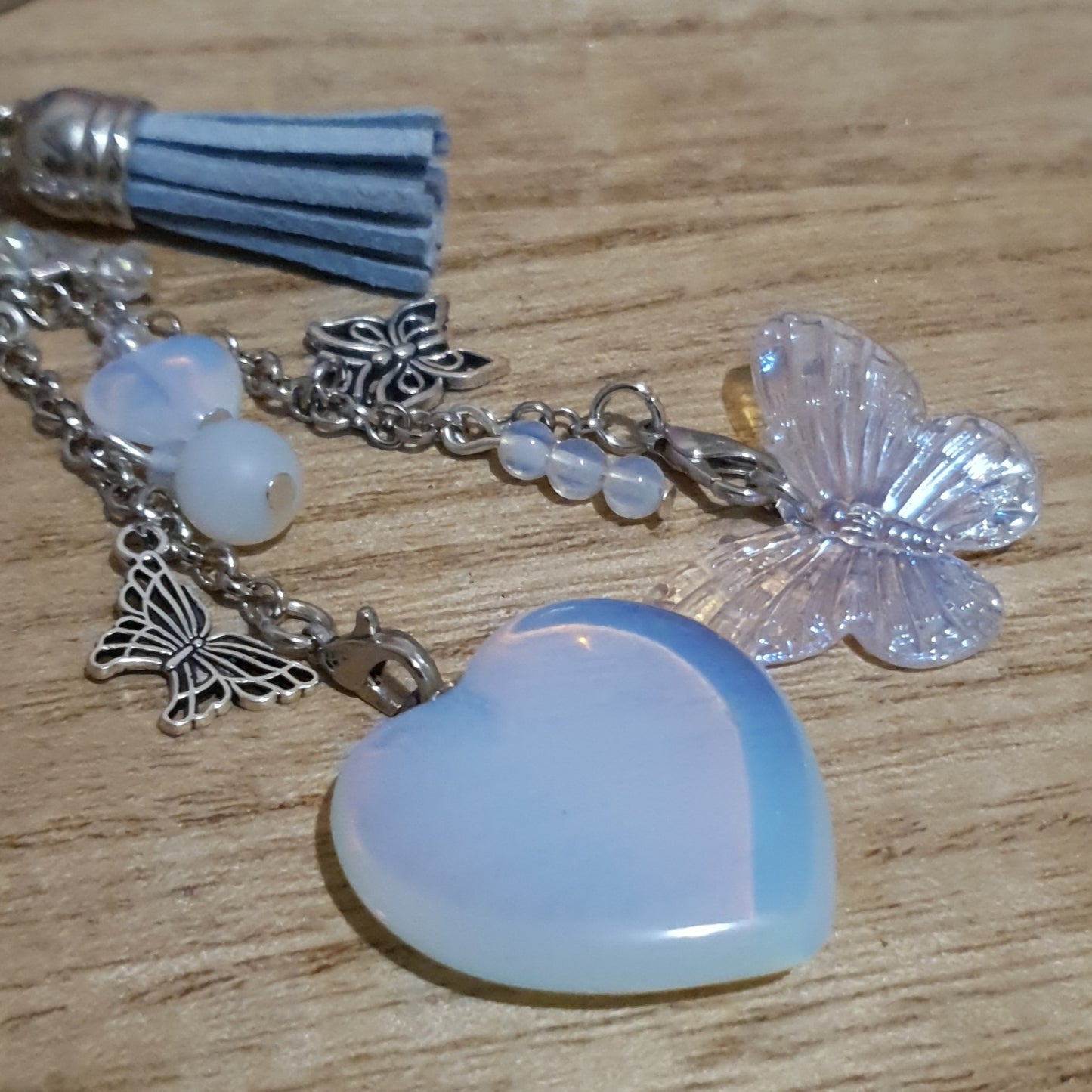 Opalite Heart and Iridescent Butterfly Handmade Keychain.