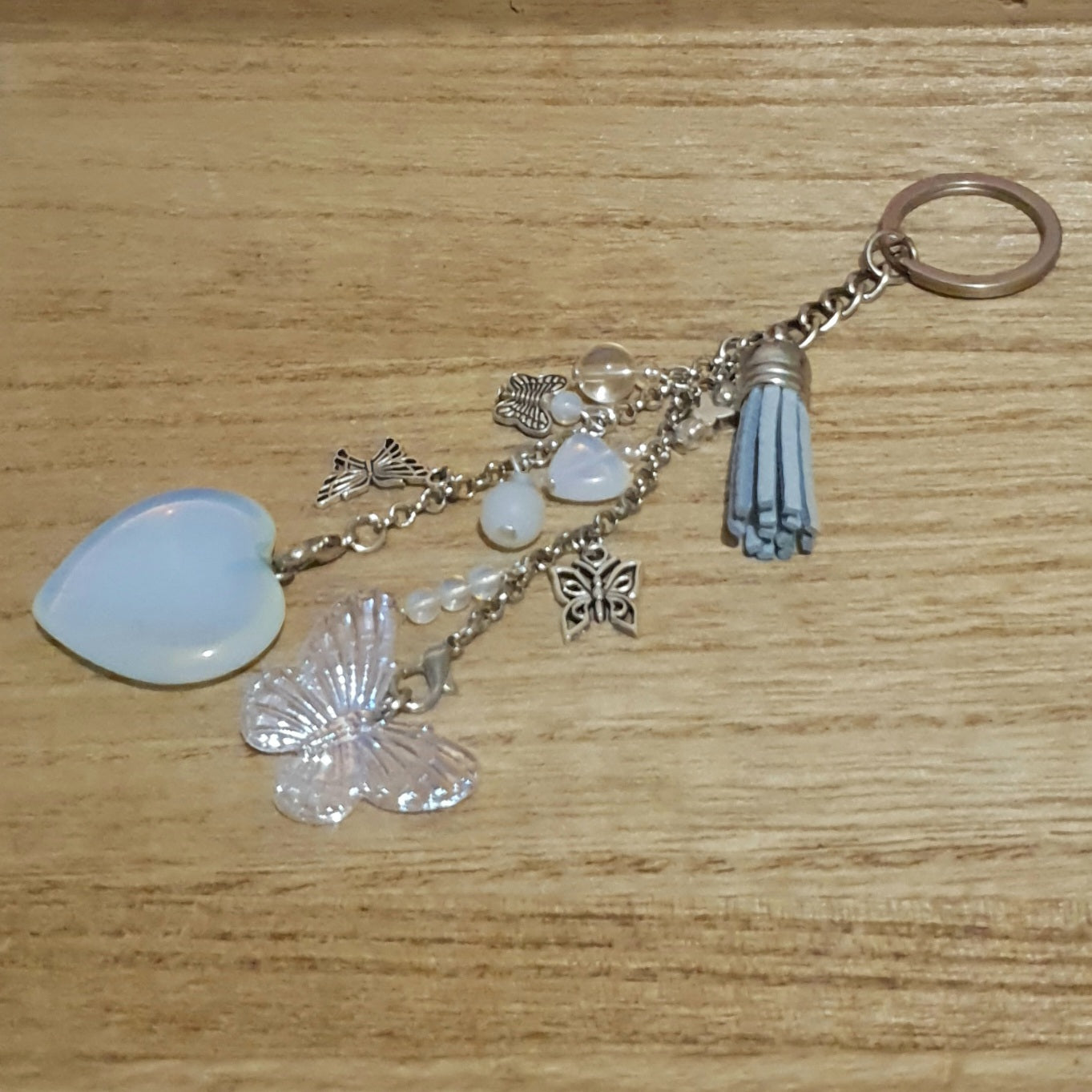 Opalite Heart and Iridescent Butterfly Handmade Keychain.