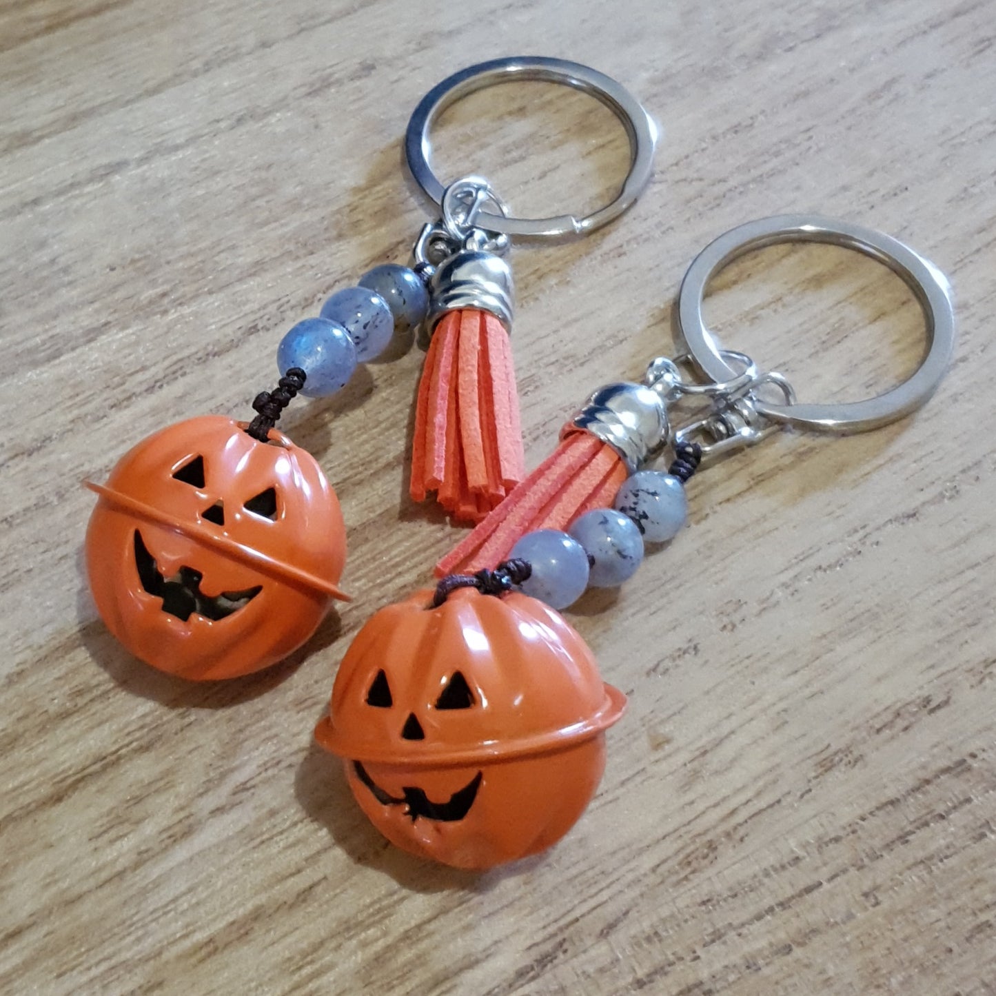 Spooky Pumpkin Bell And Labradorite Bead Keychain.