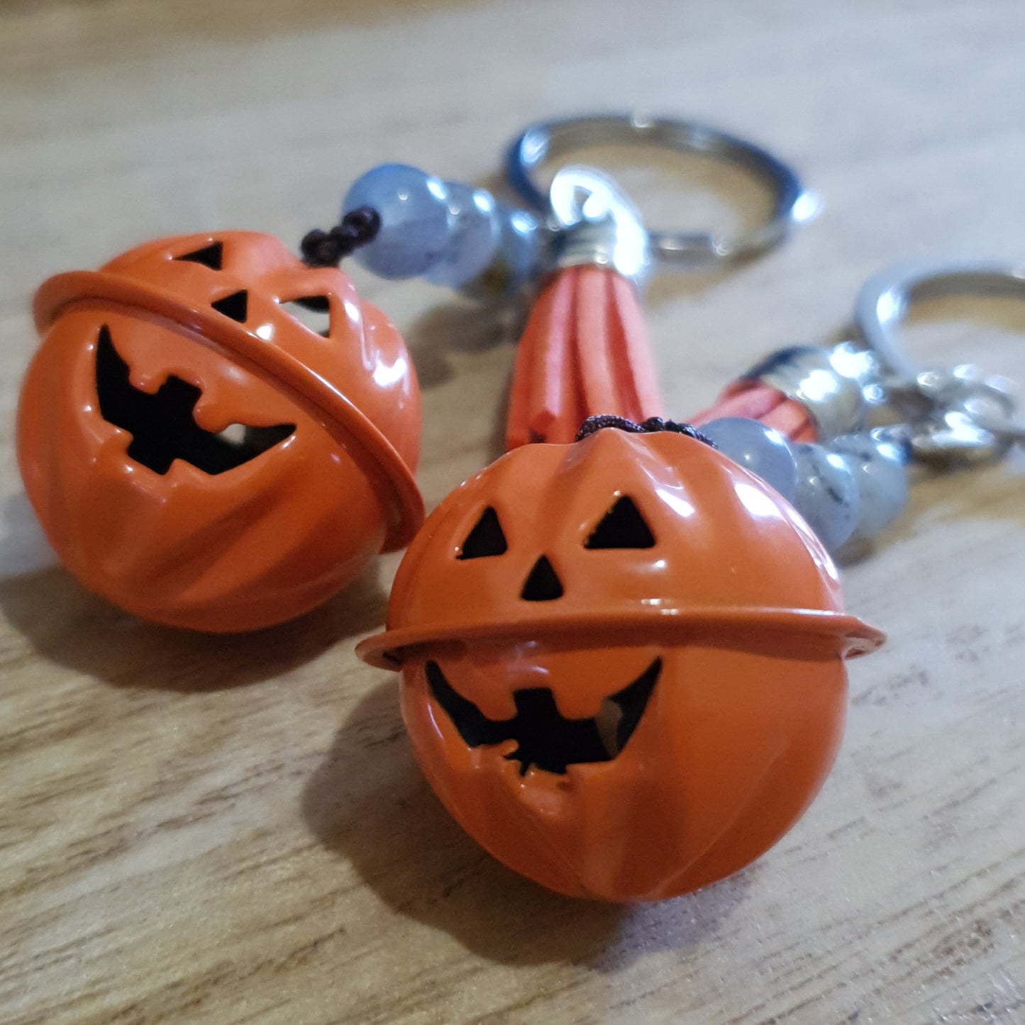 Spooky Pumpkin Bell And Labradorite Bead Keychain.