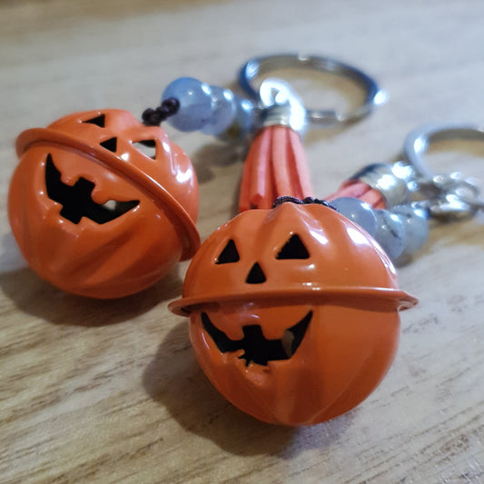 Spooky Pumpkin Bell And Labradorite Bead Keychain.