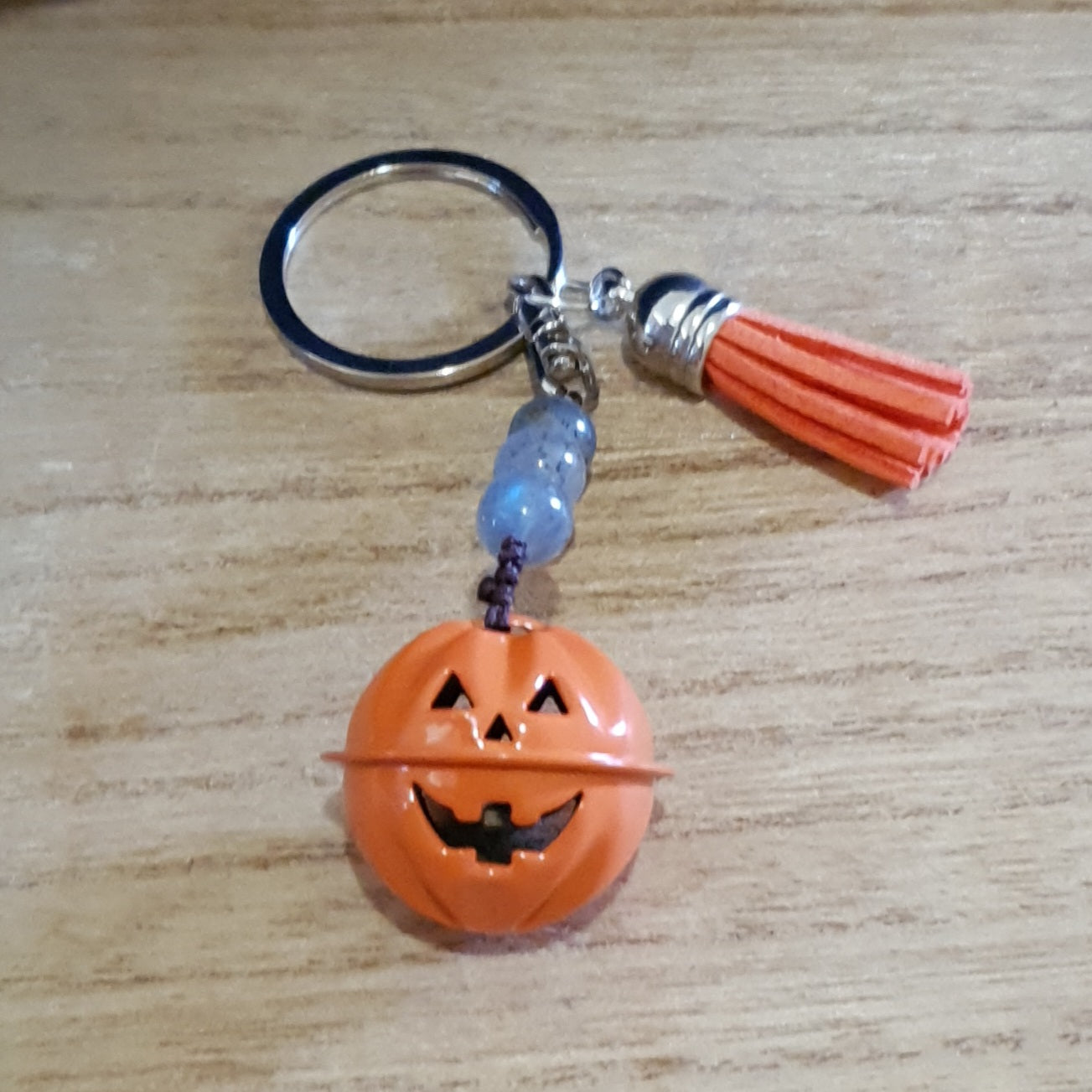 Spooky Pumpkin Bell And Labradorite Bead Keychain.