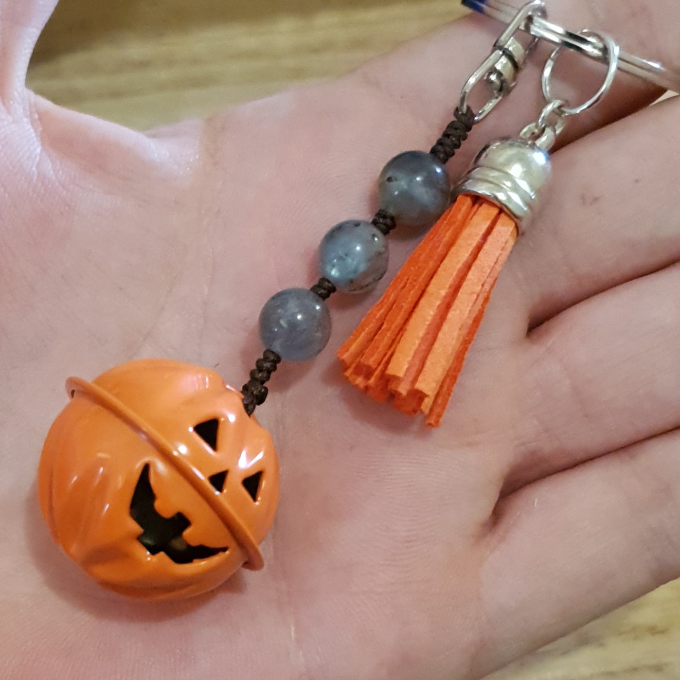 Spooky Pumpkin Bell And Labradorite Bead Keychain.