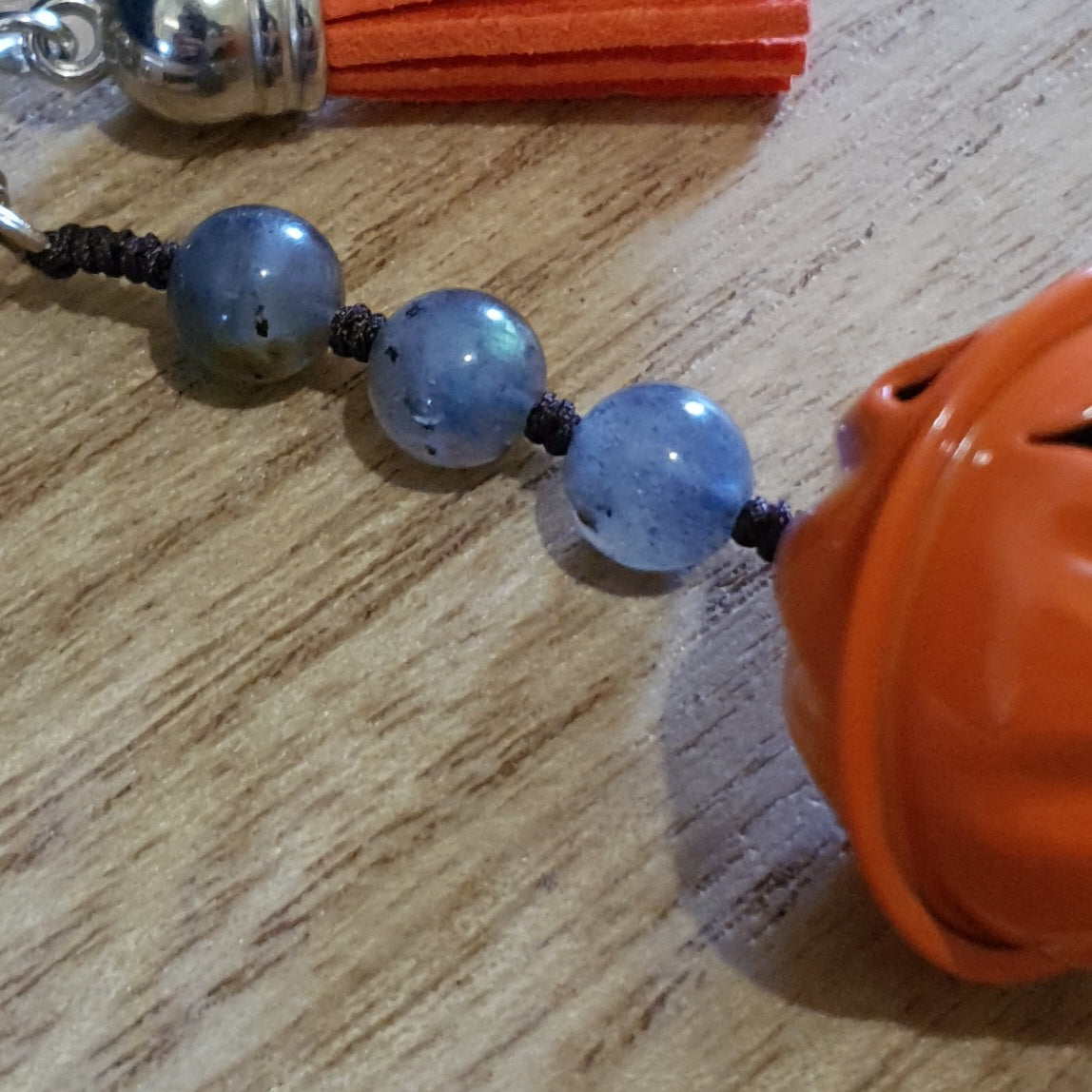 Spooky Pumpkin Bell And Labradorite Bead Keychain.