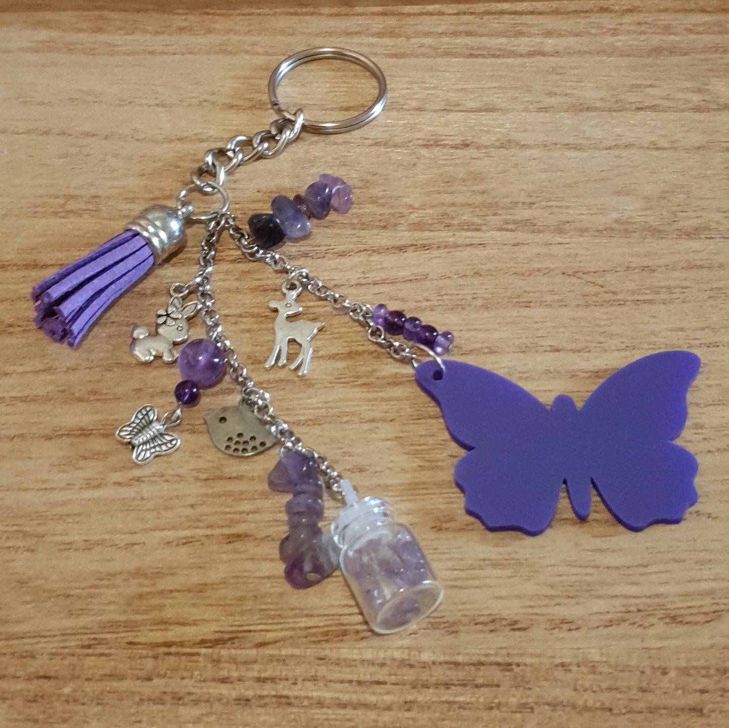 Butterfly & Woodland Creatures Amethyst Handmade Keychain.
