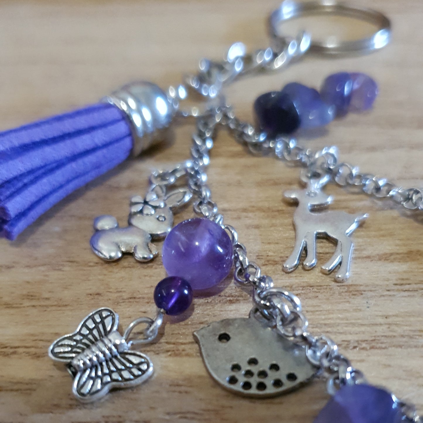 Butterfly & Woodland Creatures Amethyst Handmade Keychain.