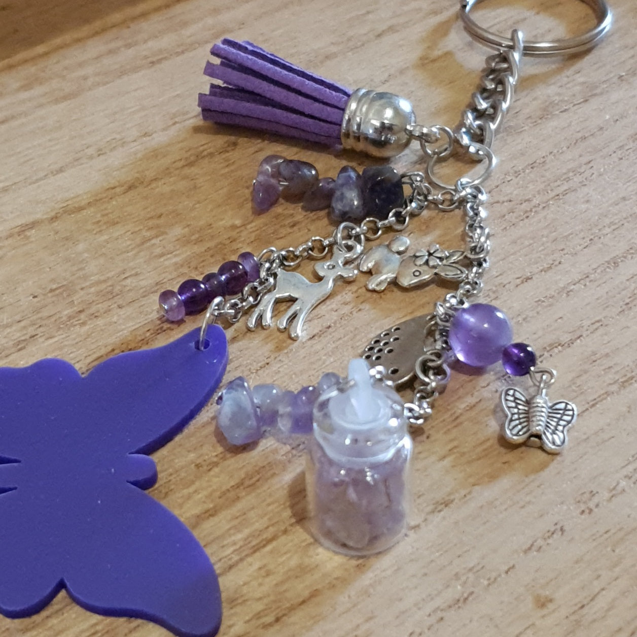 Butterfly & Woodland Creatures Amethyst Handmade Keychain.