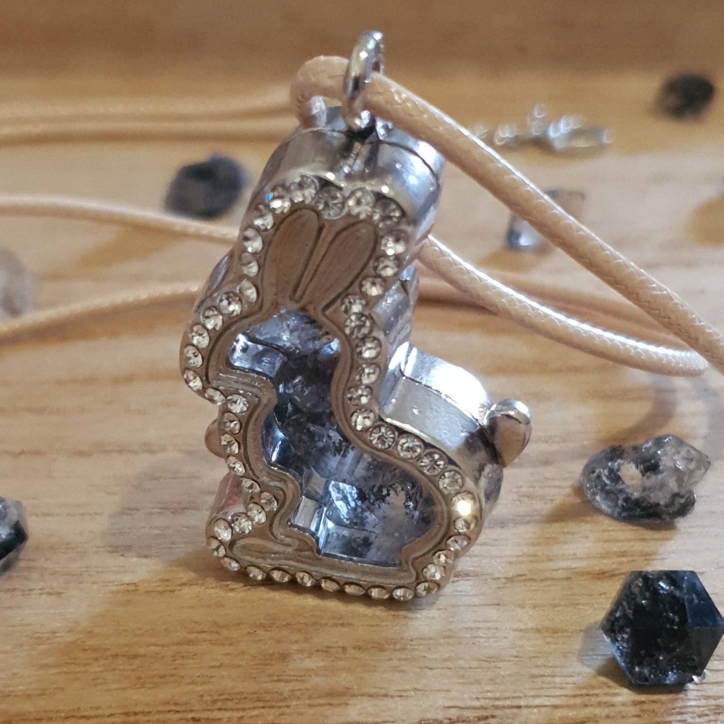 Herkimer Diamond Filled Rabbit Pendant and Handmade Necklace Cord.