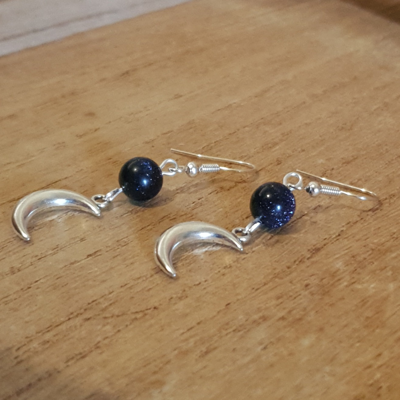 Silver Crescent Moon Earrings with Blue Sandstone Beads.