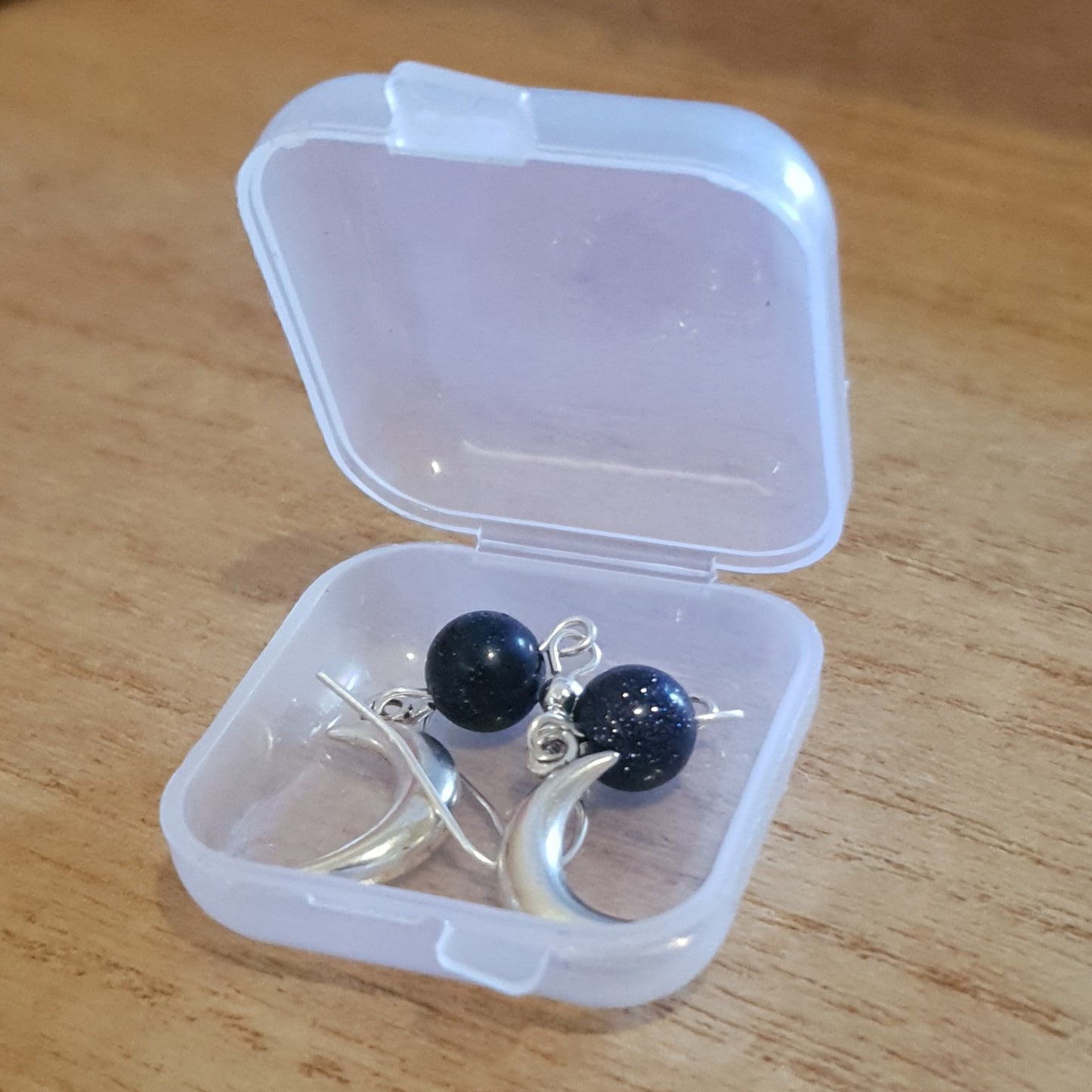 Silver Crescent Moon Earrings with Blue Sandstone Beads.