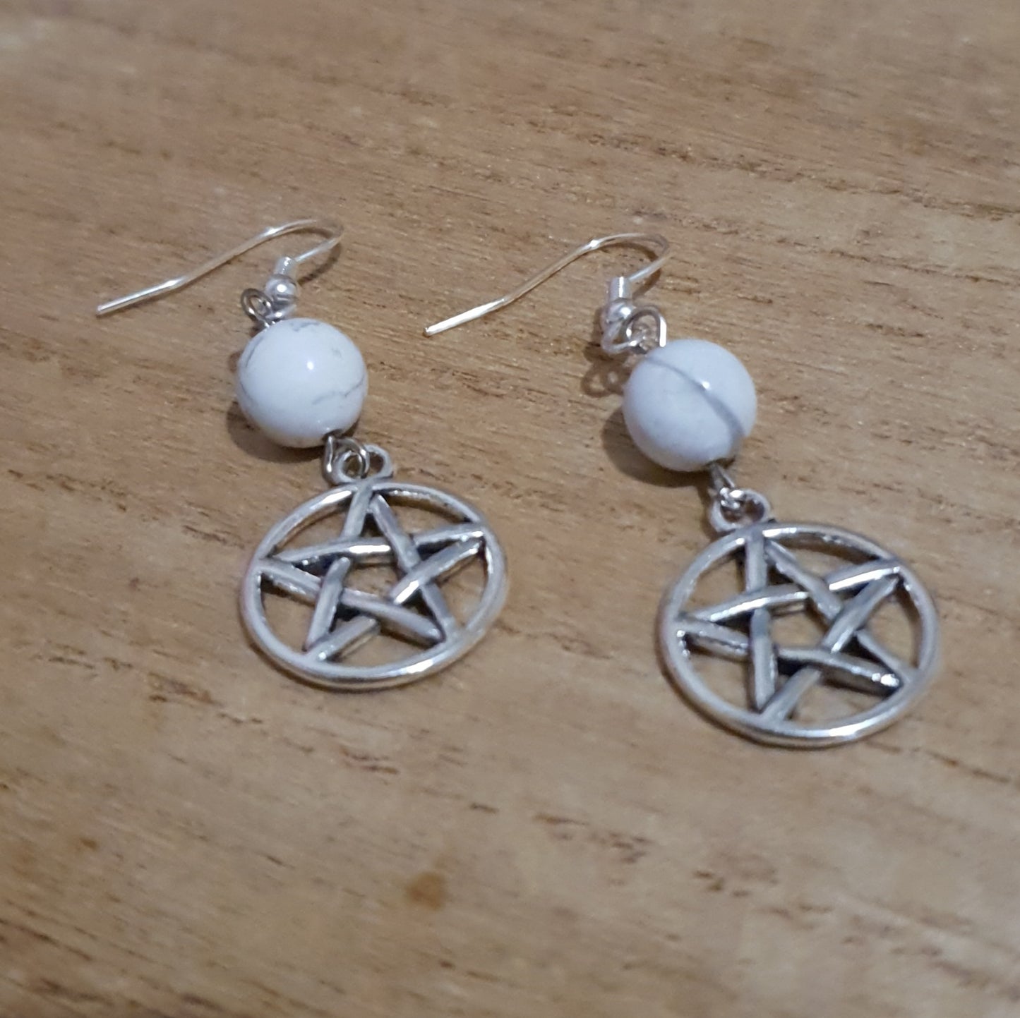 Pentagram Dangle Earrings. Howlite Pentagram Earrings.