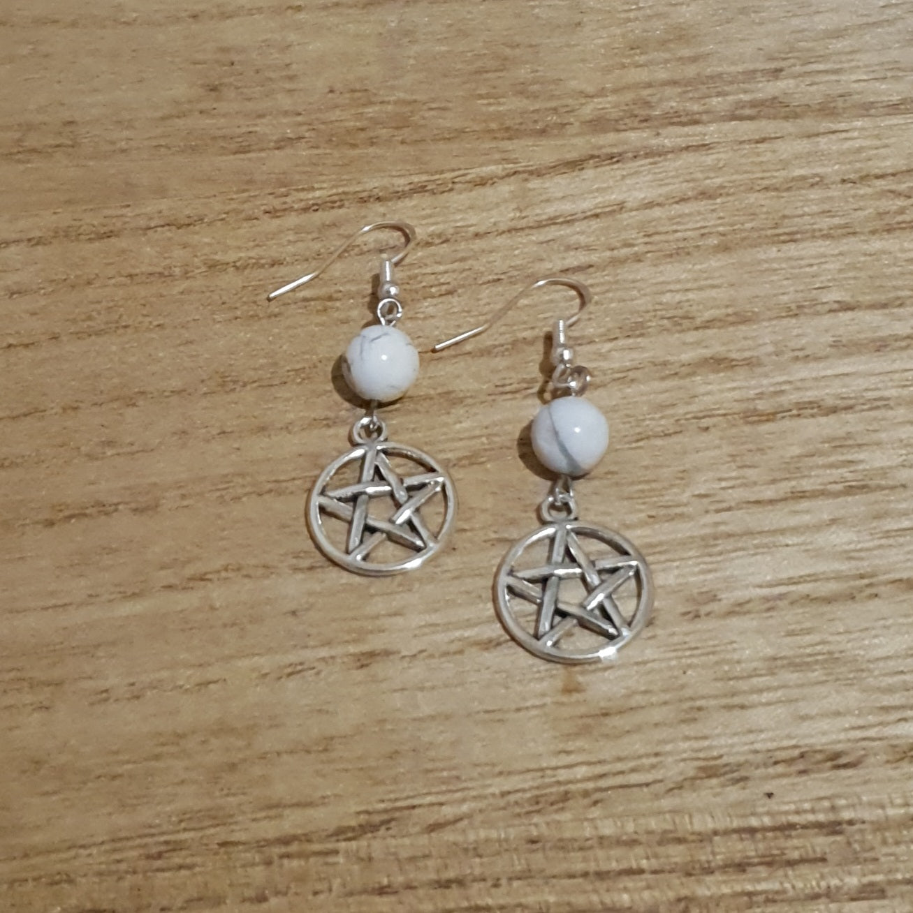 Pentagram Dangle Earrings. Howlite Pentagram Earrings.