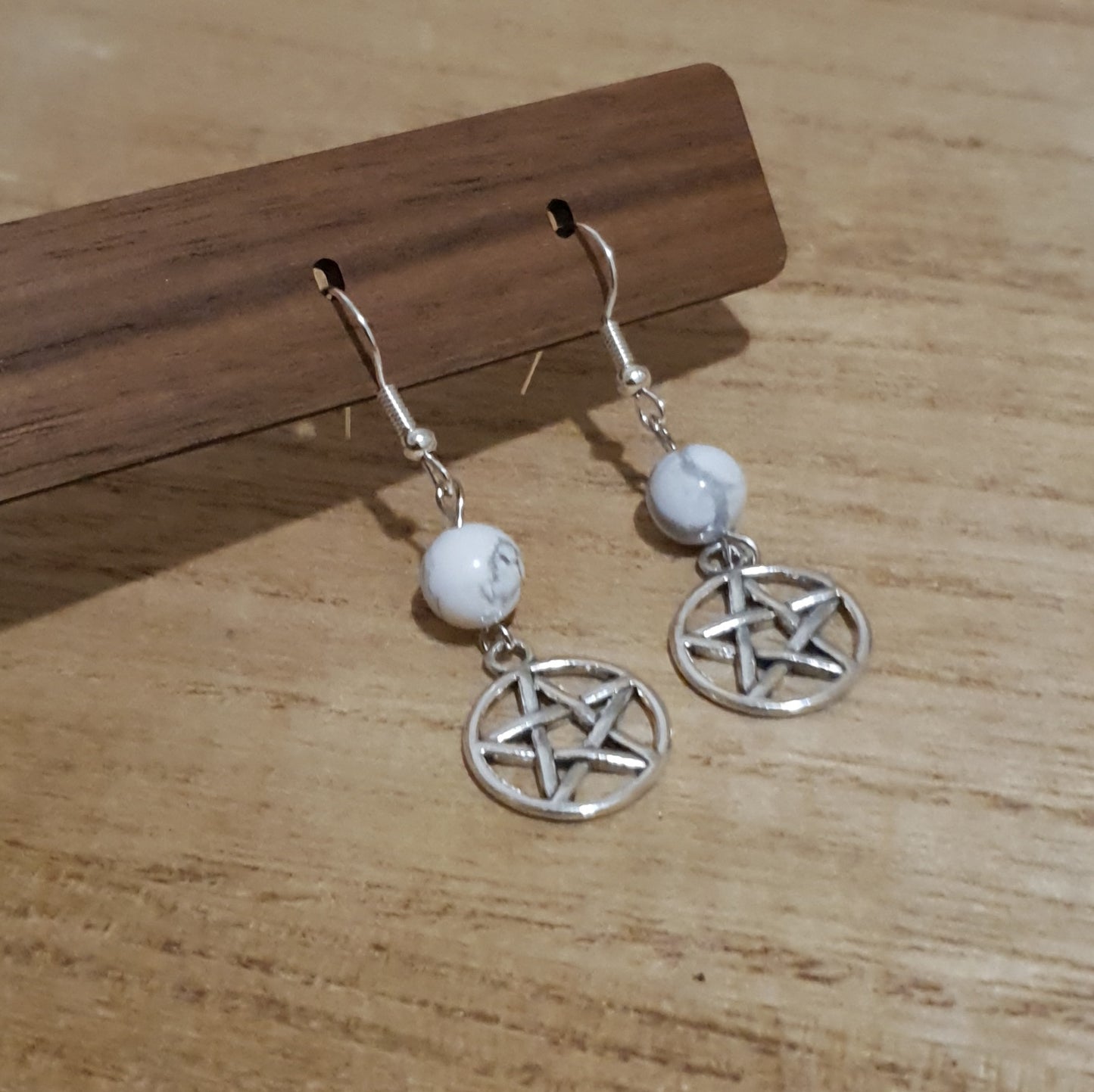 Pentagram Dangle Earrings. Howlite Pentagram Earrings.