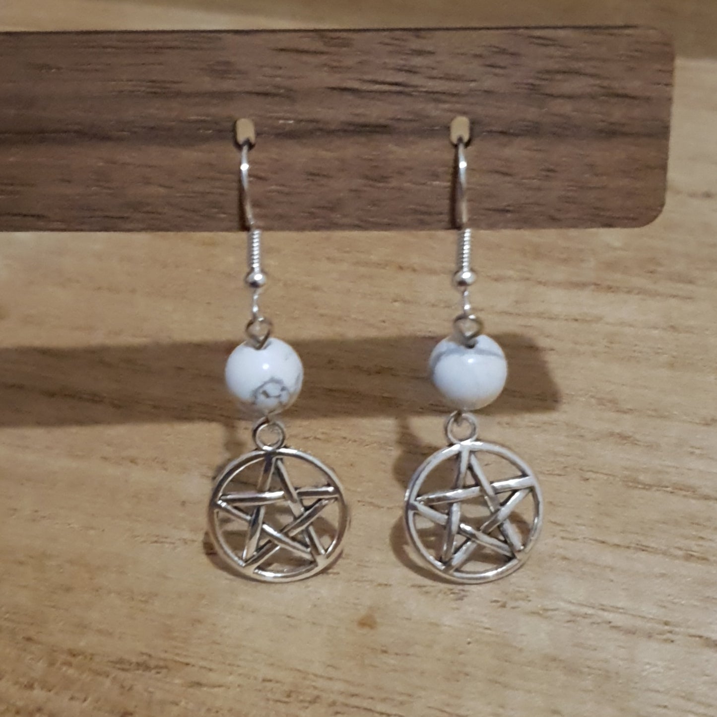 Pentagram Dangle Earrings. Howlite Pentagram Earrings.
