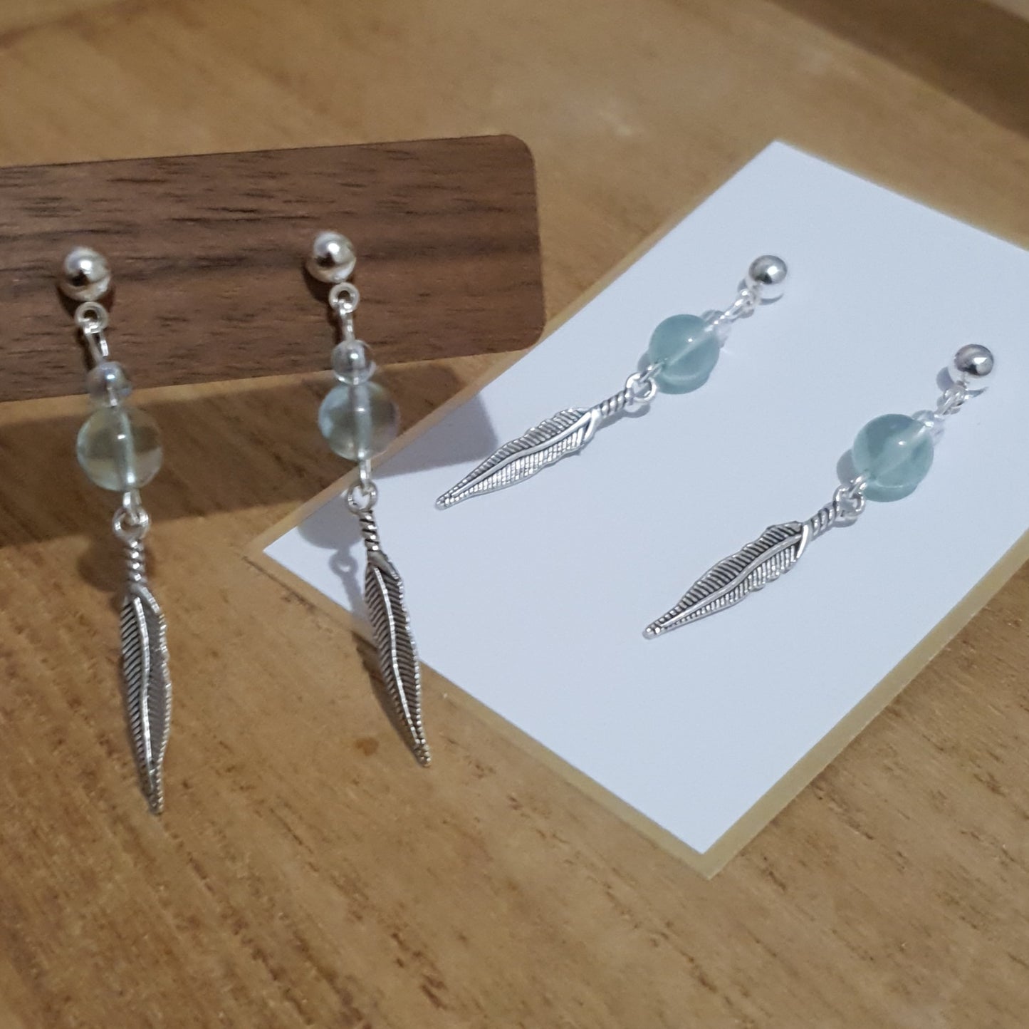 Feather Dangle Earrings. Green Fluorite and Feather Earrings.