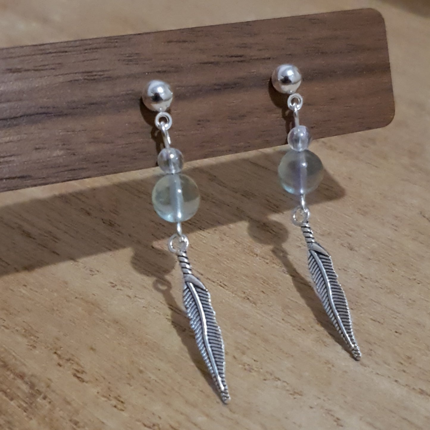Feather Dangle Earrings. Green Fluorite and Feather Earrings.
