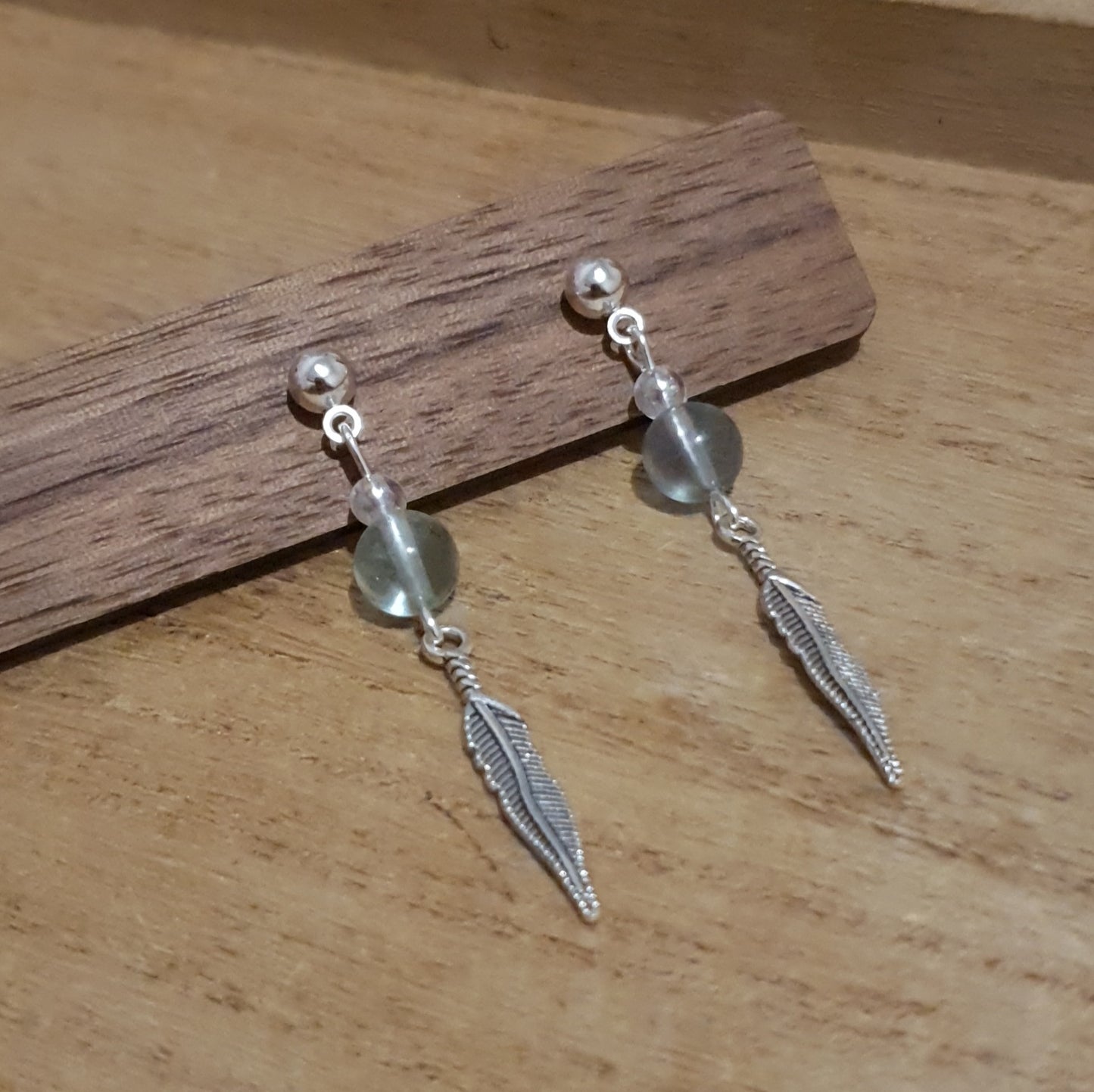 Feather Dangle Earrings. Green Fluorite and Feather Earrings.