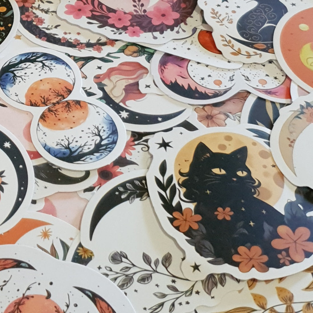 Moon & Cats Stickers. 10 Pack of Moon Shaped Stickers.