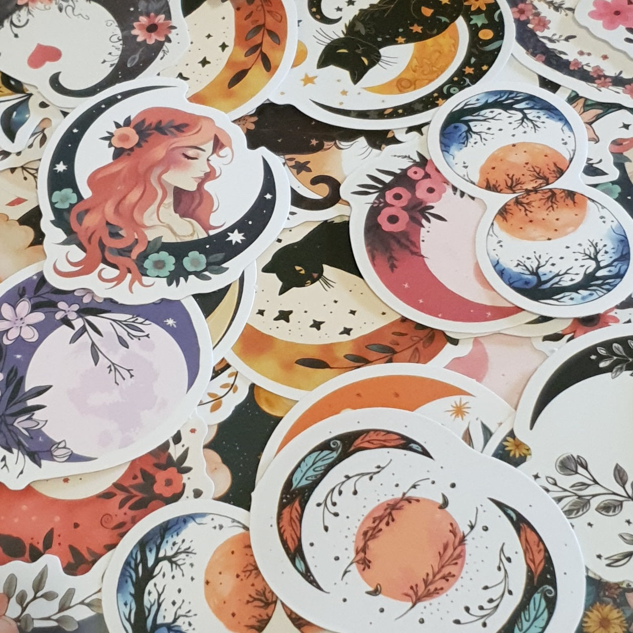 Moon & Cats Stickers. 10 Pack of Moon Shaped Stickers.