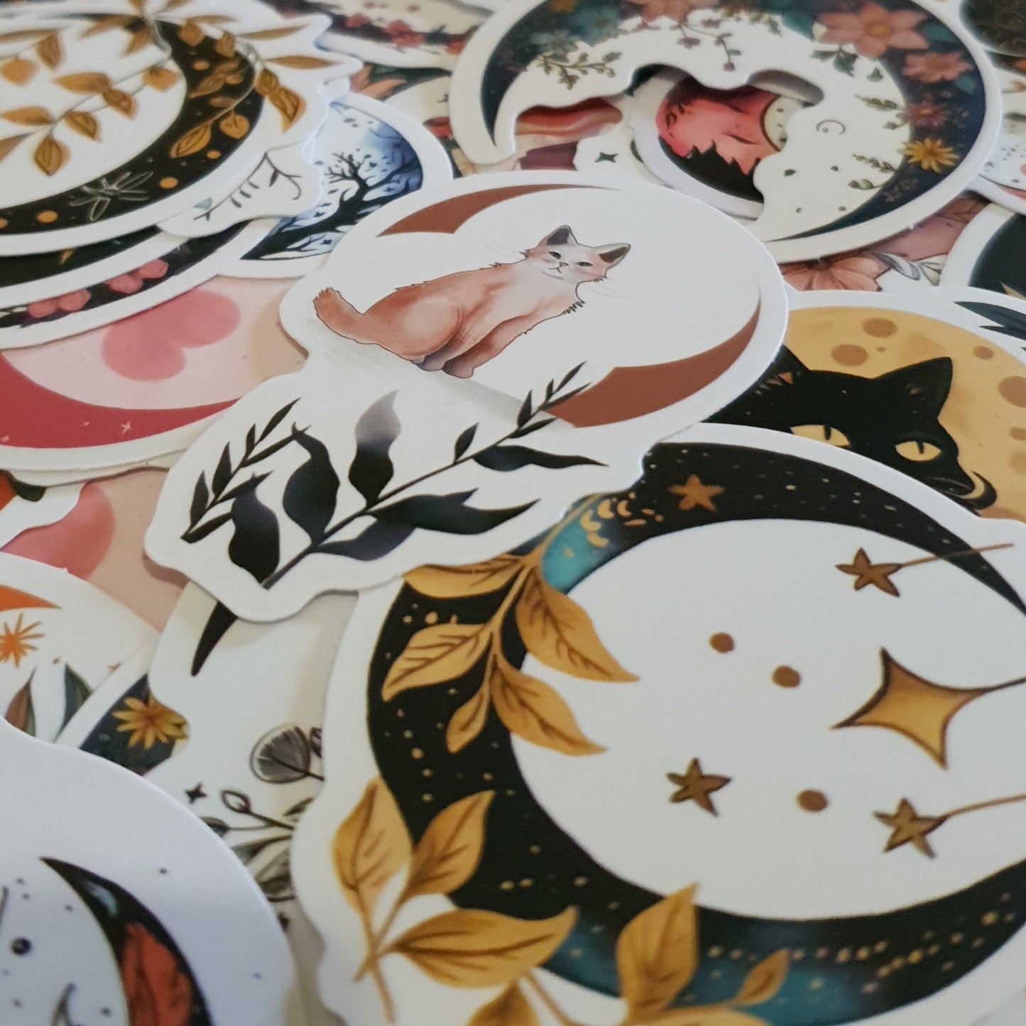 Moon & Cats Stickers. 10 Pack of Moon Shaped Stickers.
