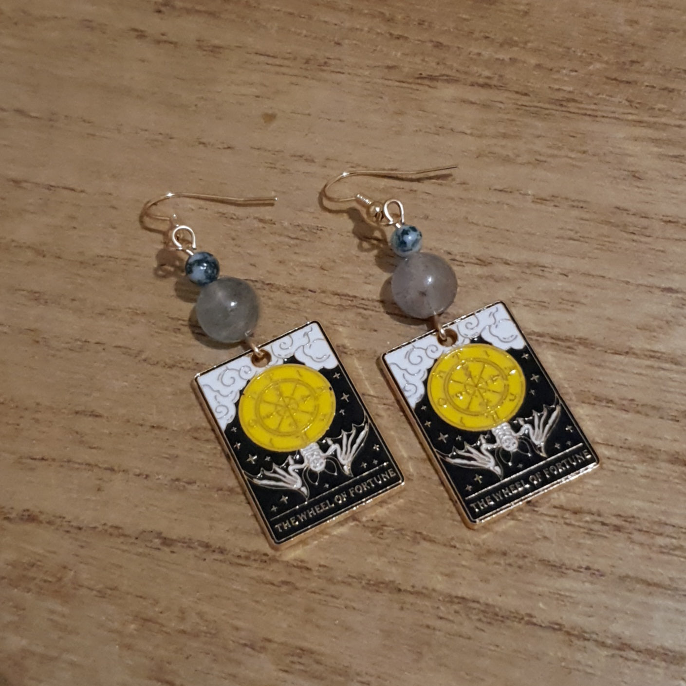 The Wheel of Fortune Tarot Earrings. Garden Quartz & Tree Agate Fortune Tarot Earrings.