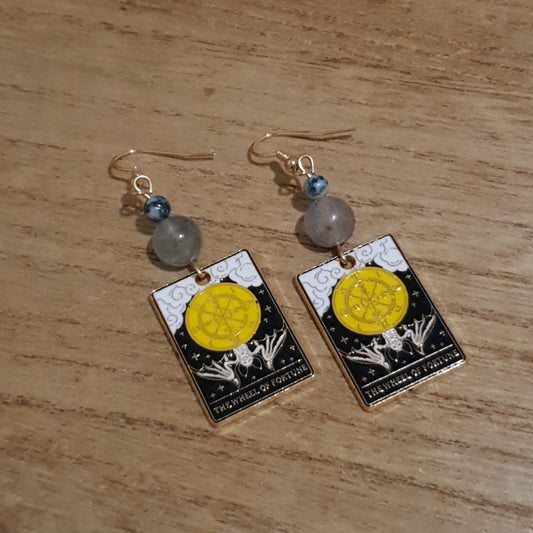 The Wheel of Fortune Tarot Earrings. Garden Quartz & Tree Agate Fortune Tarot Earrings.