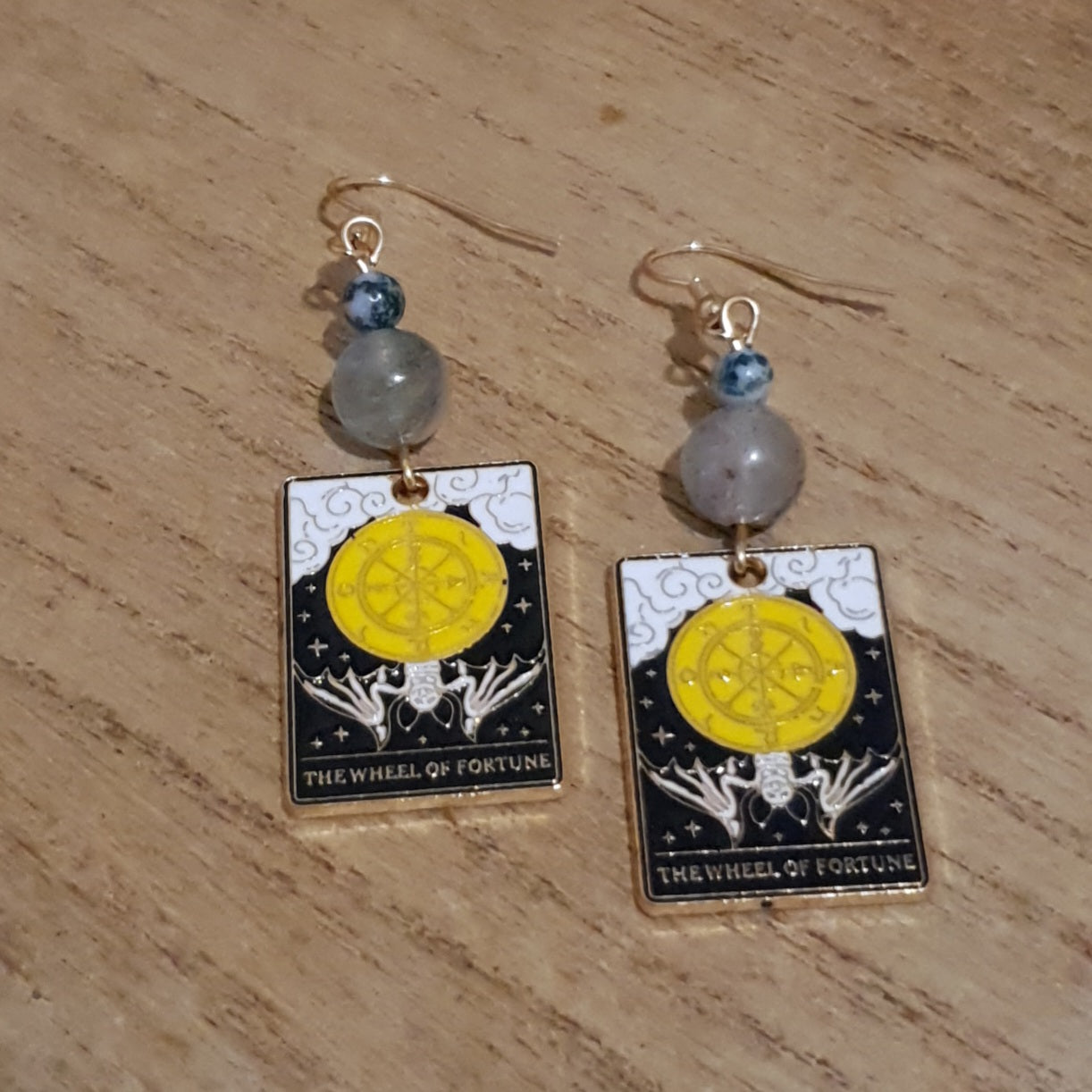 The Wheel of Fortune Tarot Earrings. Garden Quartz & Tree Agate Fortune Tarot Earrings.