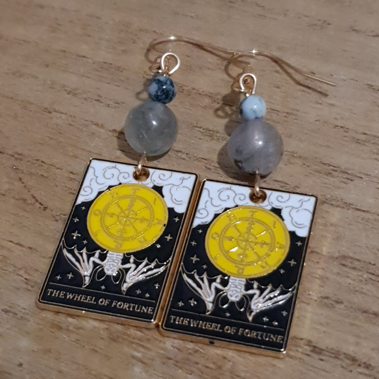The Wheel of Fortune Tarot Earrings. Garden Quartz & Tree Agate Fortune Tarot Earrings.