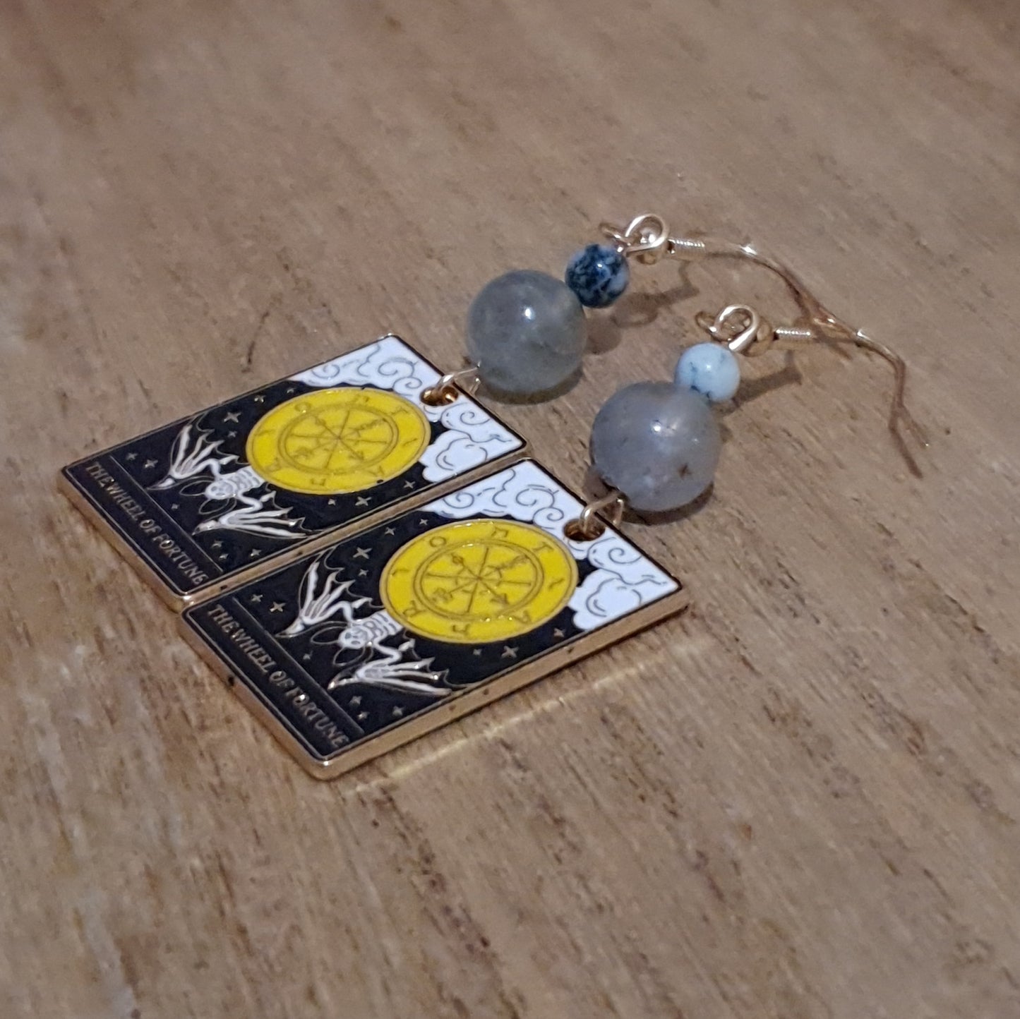 The Wheel of Fortune Tarot Earrings. Garden Quartz & Tree Agate Fortune Tarot Earrings.