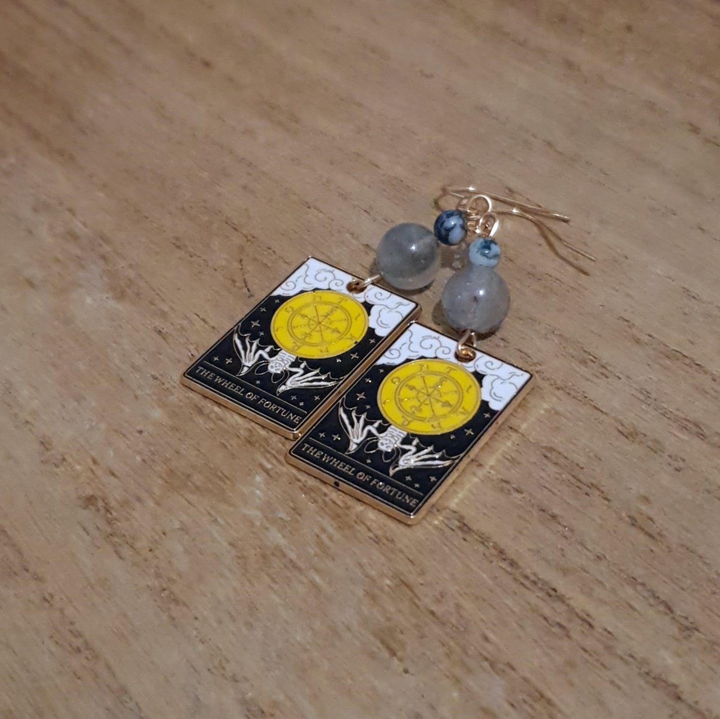 The Wheel of Fortune Tarot Earrings. Garden Quartz & Tree Agate Fortune Tarot Earrings.