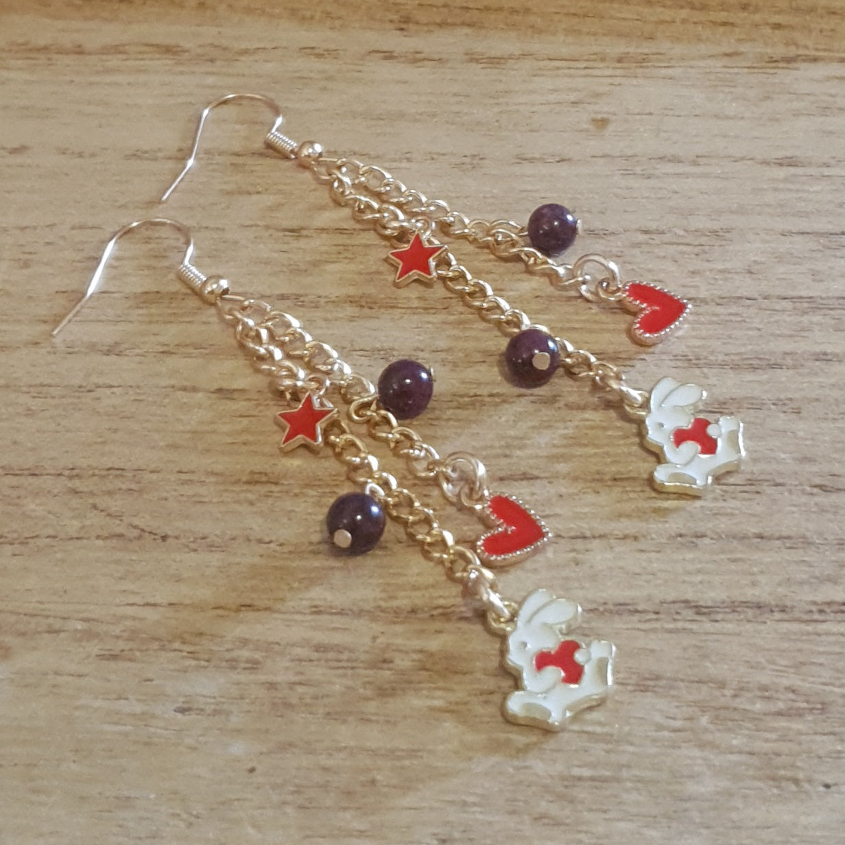 Love Bunny Earrings. Red Garnet Bunny with Heart Earrings.