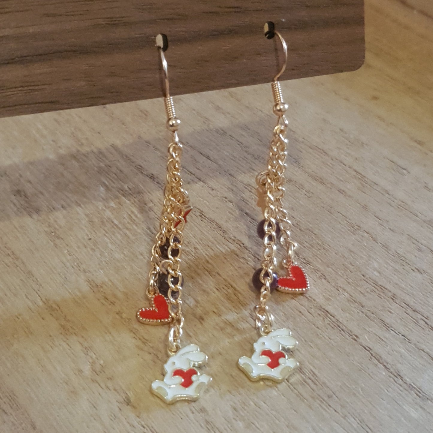 Love Bunny Earrings. Red Garnet Bunny with Heart Earrings.