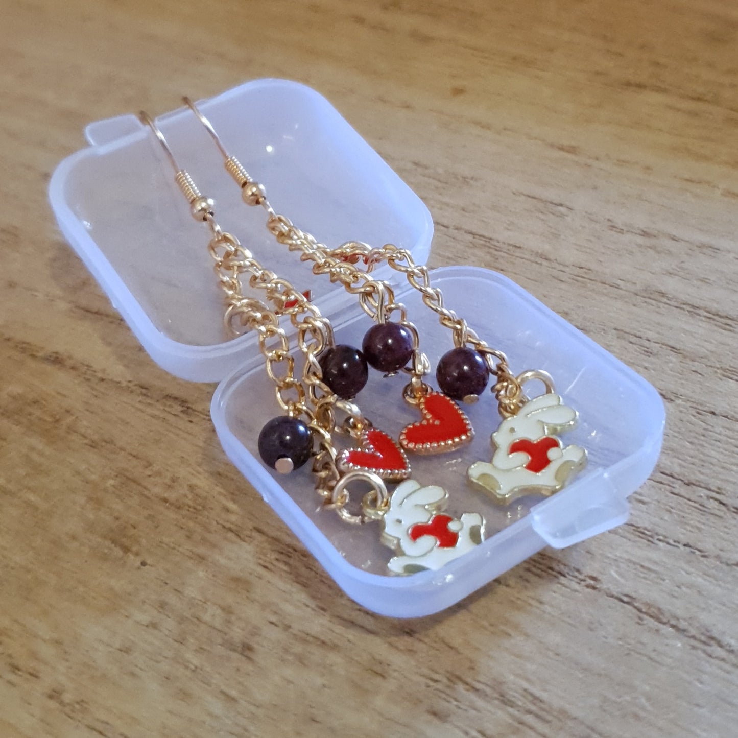 Love Bunny Earrings. Red Garnet Bunny with Heart Earrings.