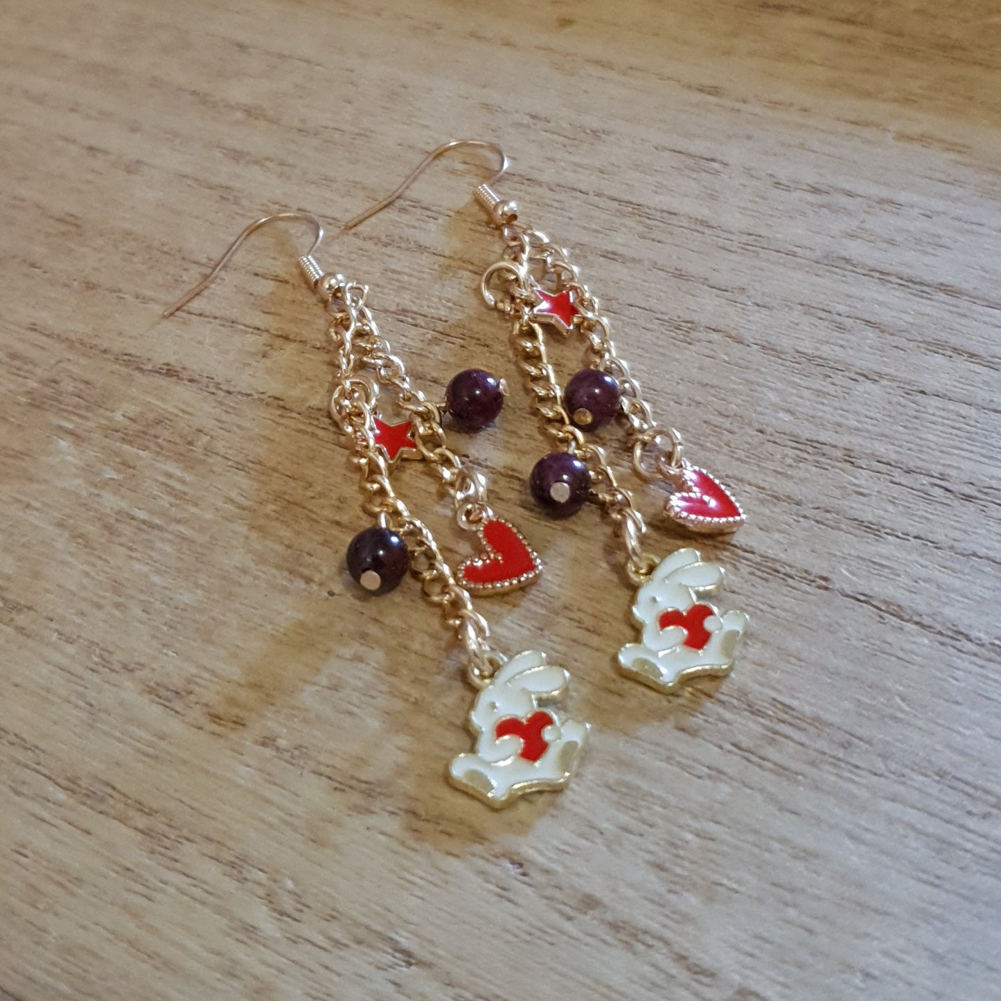 Love Bunny Earrings. Red Garnet Bunny with Heart Earrings.