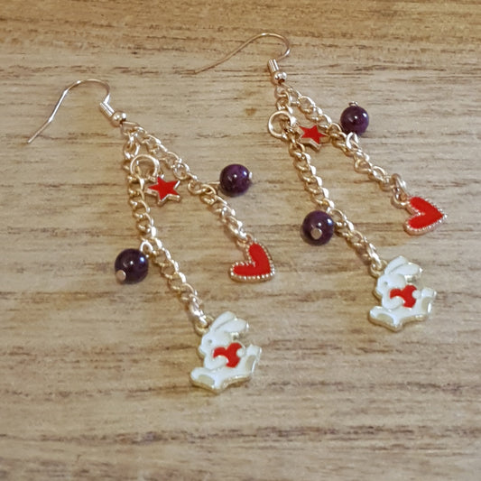Love Bunny Earrings. Red Garnet Bunny with Heart Earrings.