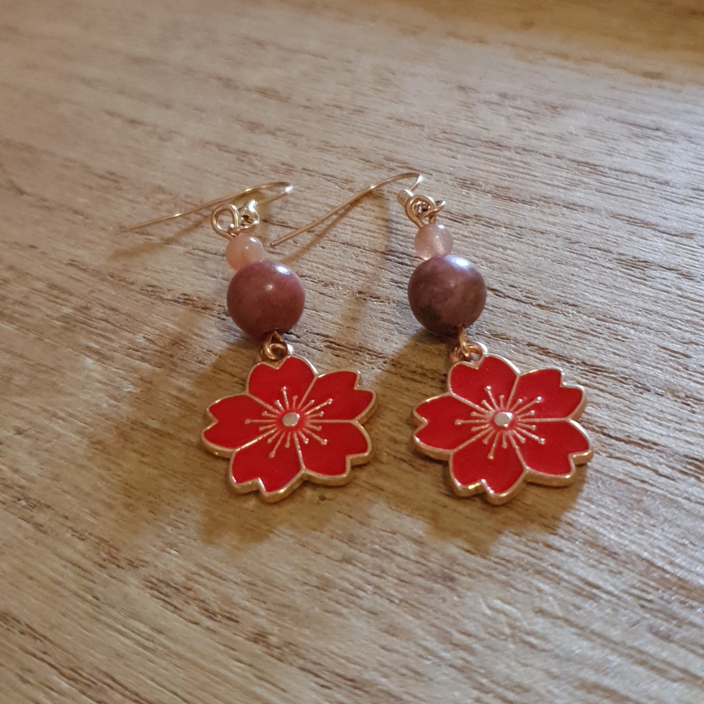Cherry Blossom Flower Earrings. Rhodanite and Peach Moonstone Flower Earrings.