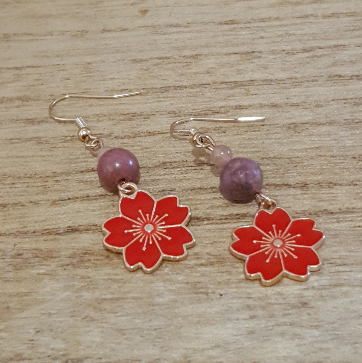 Cherry Blossom Flower Earrings. Rhodanite and Peach Moonstone Flower Earrings.