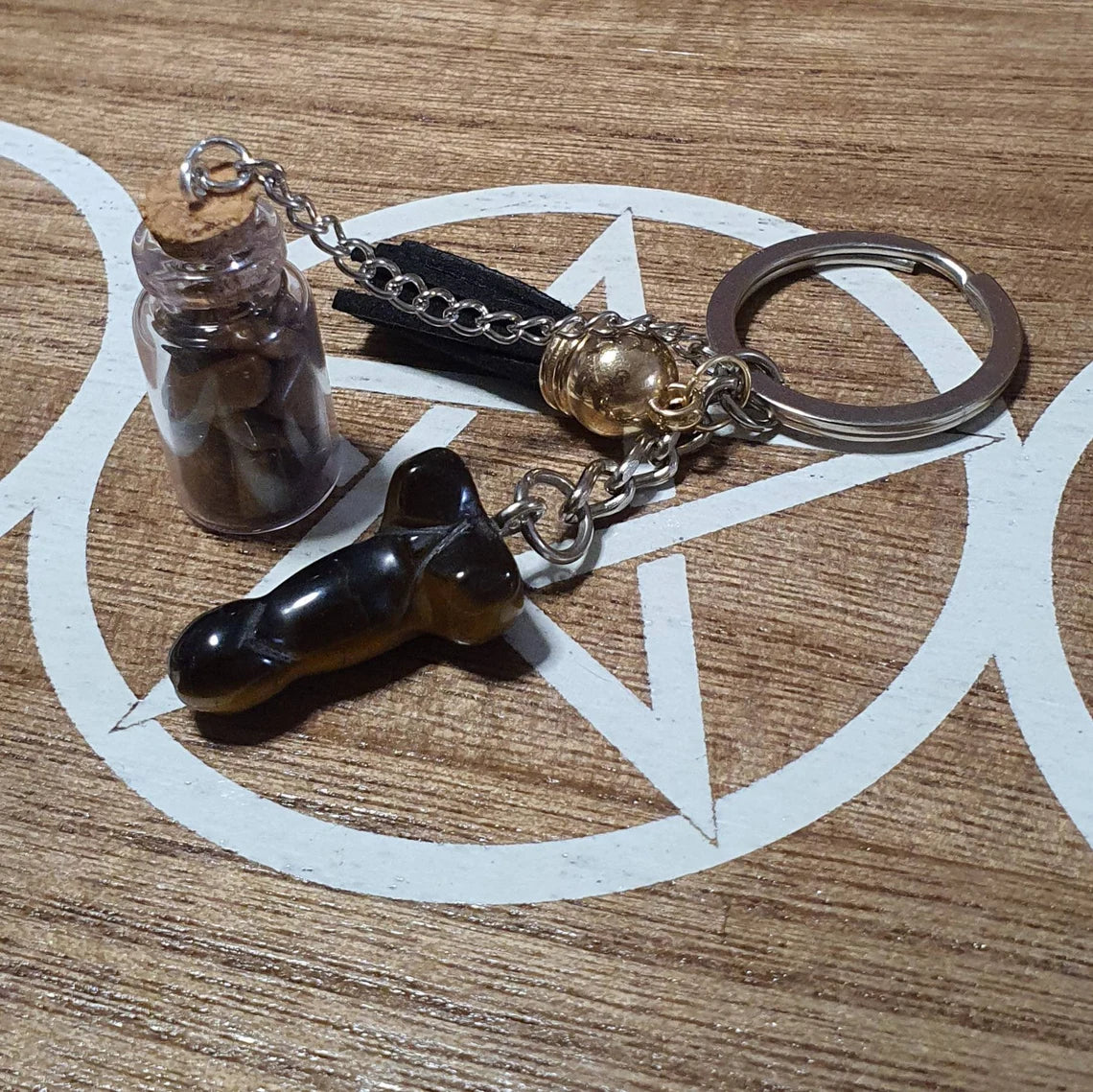 Tiger Eye Ding Ding and Wishing Bottle Handmade Keychain.