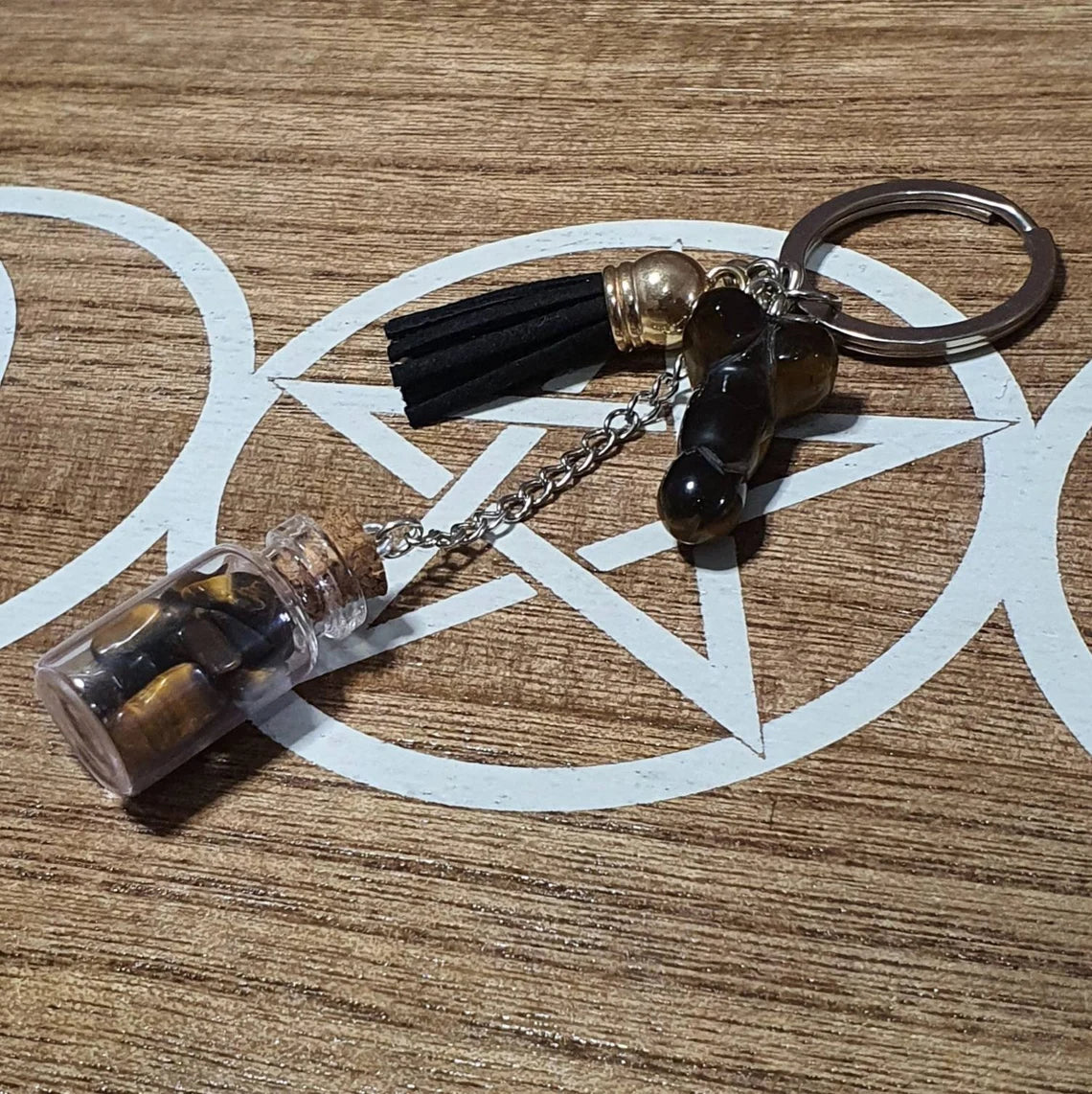 Tiger Eye Ding Ding and Wishing Bottle Handmade Keychain.