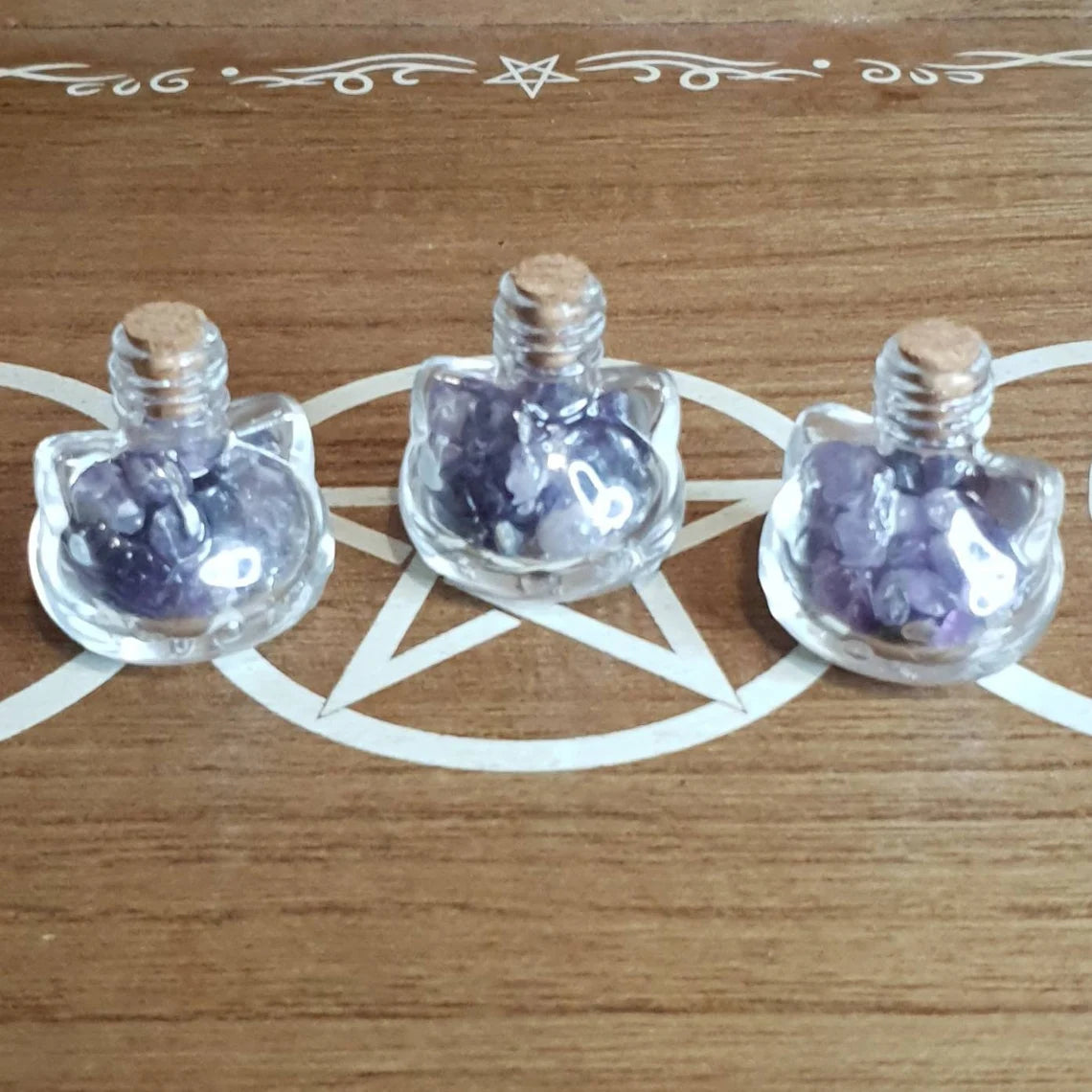 Kitty Head With Flower. Crystal Chip Wishing Bottles. *Available in Rose Quartz, Chevron Amethyst and Clear Quartz.*