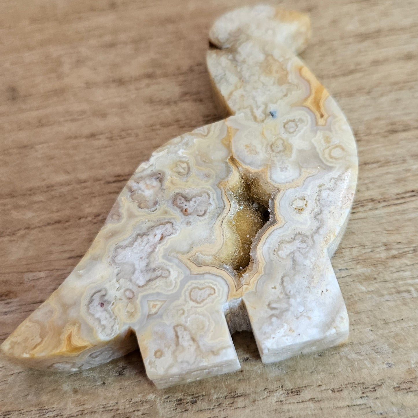 Yellow Crazy Lace Agate Brontosaurus Flat Carving.