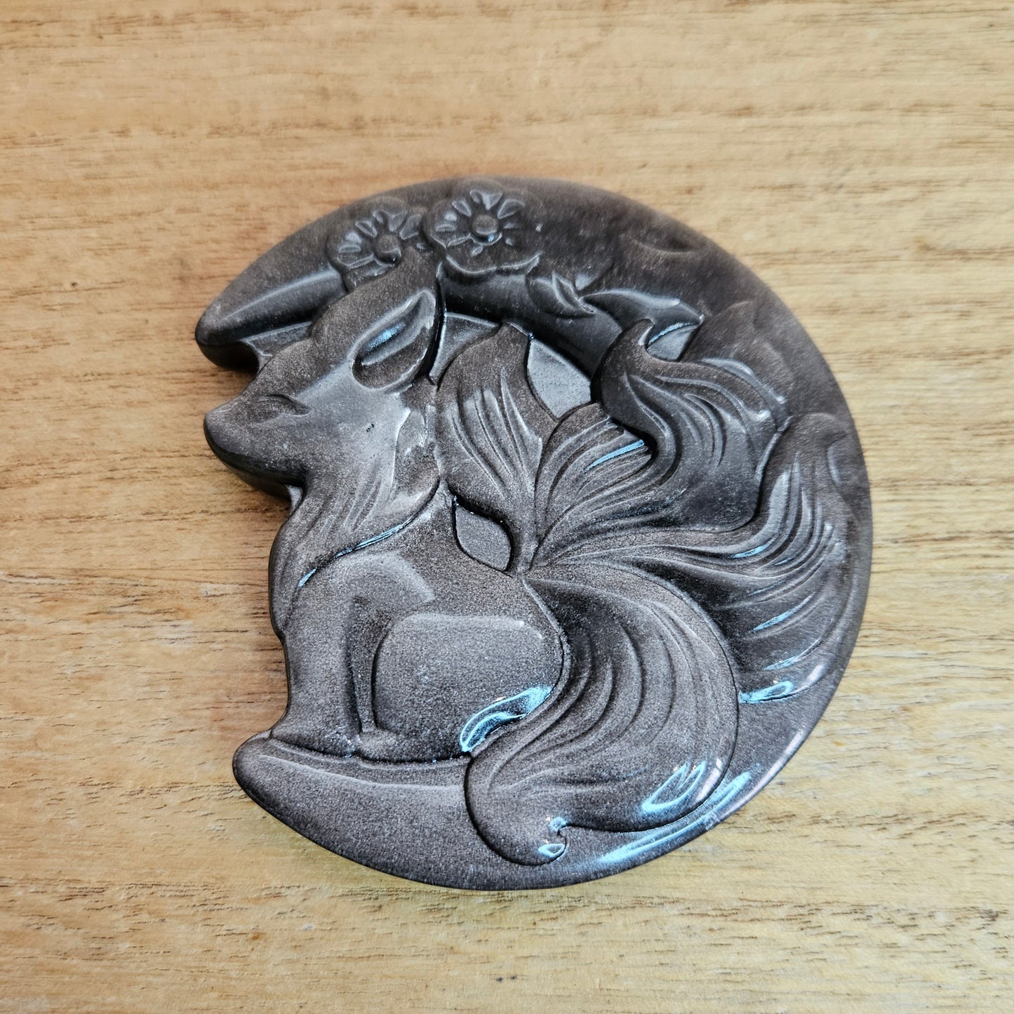 Silver Sheen Obsidian Moon Fox Flat Carving.