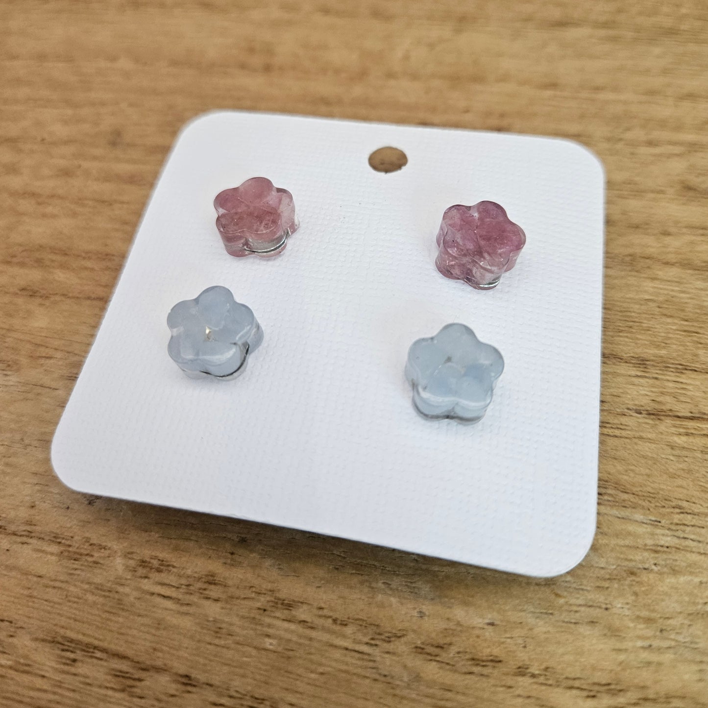 Resin Flower Stud Set. Angelite and Pink Tourmaline.