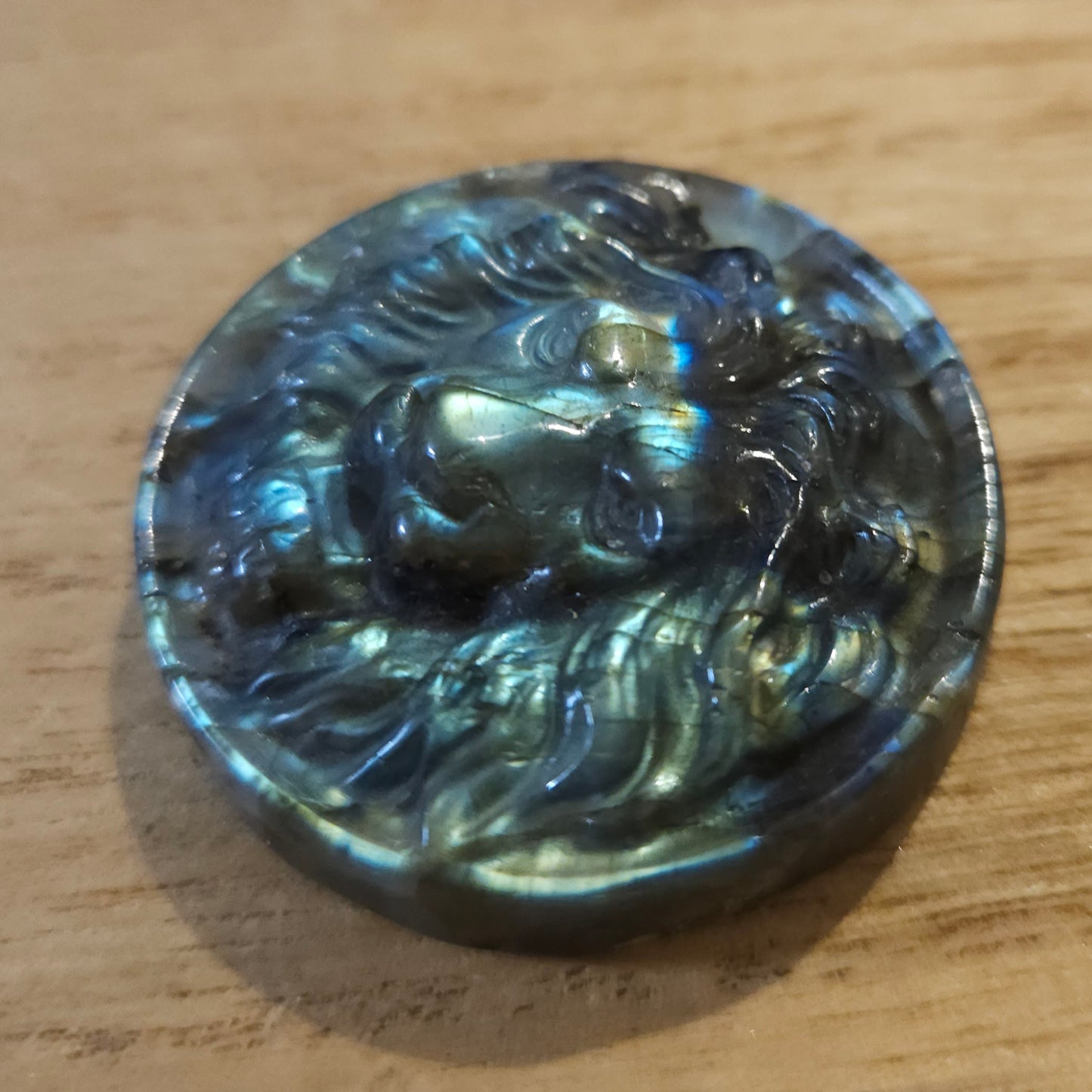 Labradorite Lion Face Flat Carving.