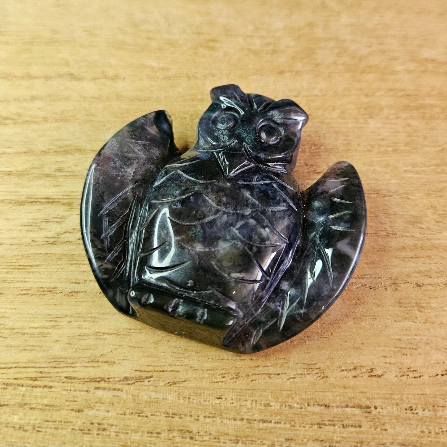 Moss Agate Owl Carving.