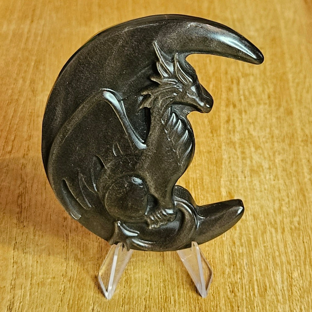 Silver Sheen Obsidian Moon Dragon Flat Carving.