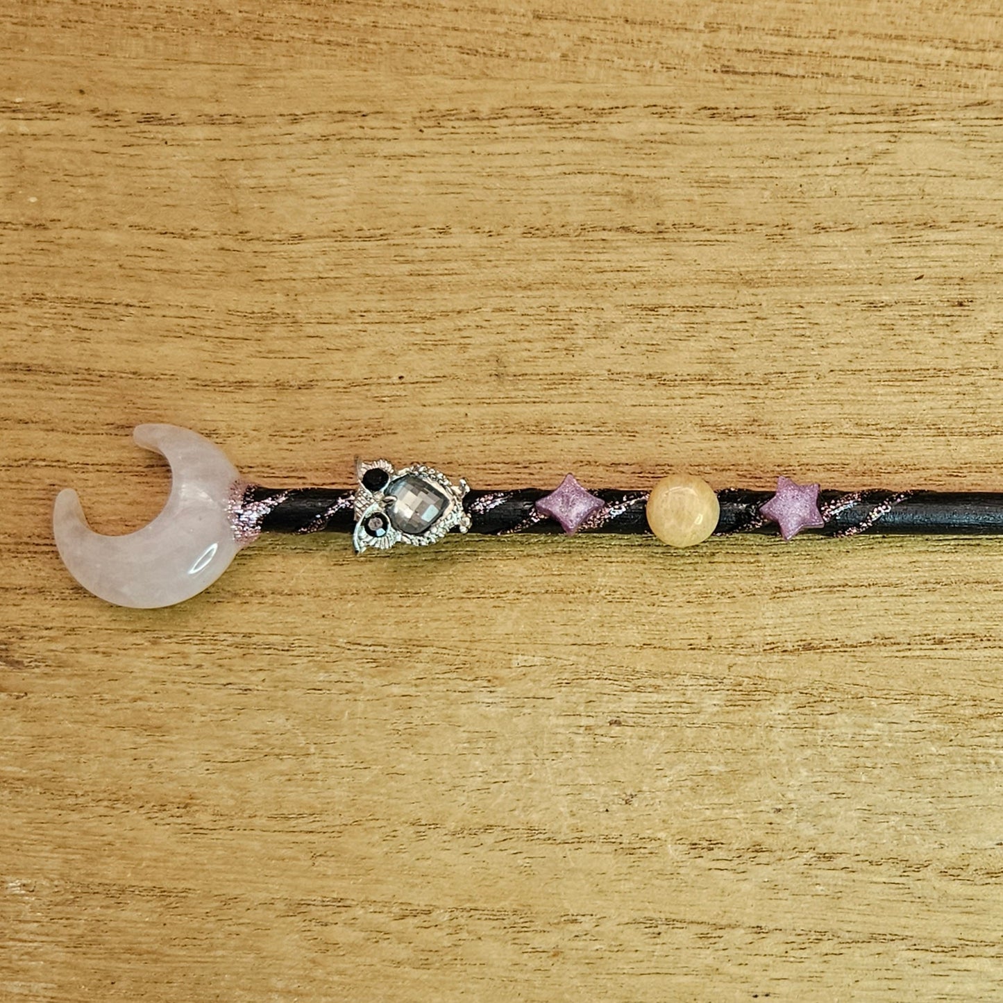 Black Moon Owl Wand. Rose Quartz.